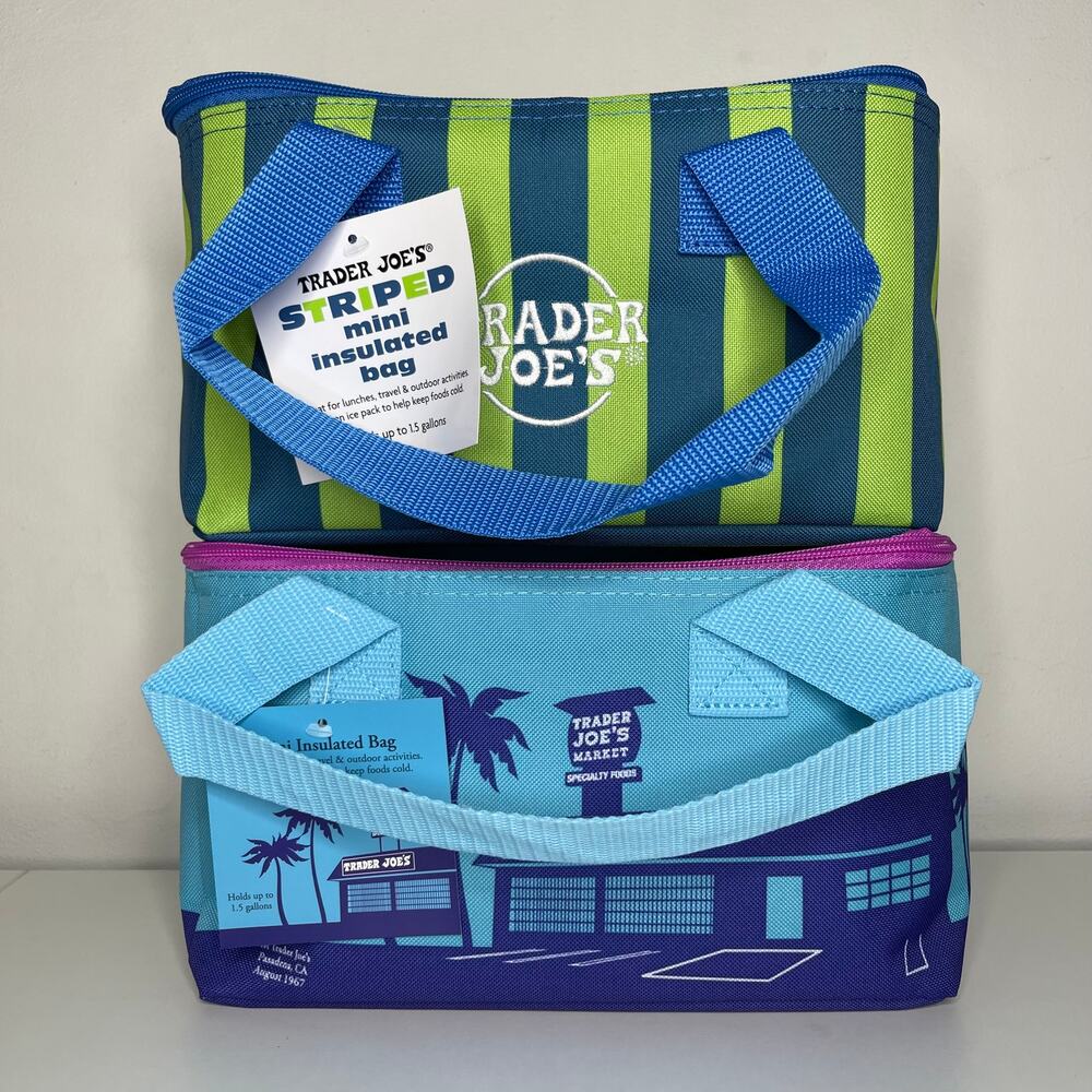SET of 2! Trader Joe’s Mini Insulated Cooler Bags Summer ICE BLUE + STRIPED BLUE